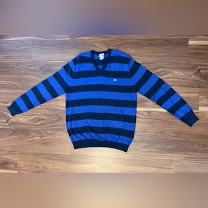 Lacoste Knit V Neck Pullover Logo Sweater Blue and Navy Stripe Men XL 6